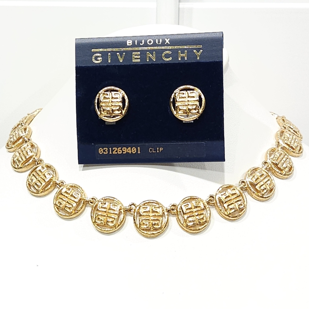 Givenchy Vintage Jewelry Set Necklace EUC Earrings NWT Gold 4G Logo Medallion